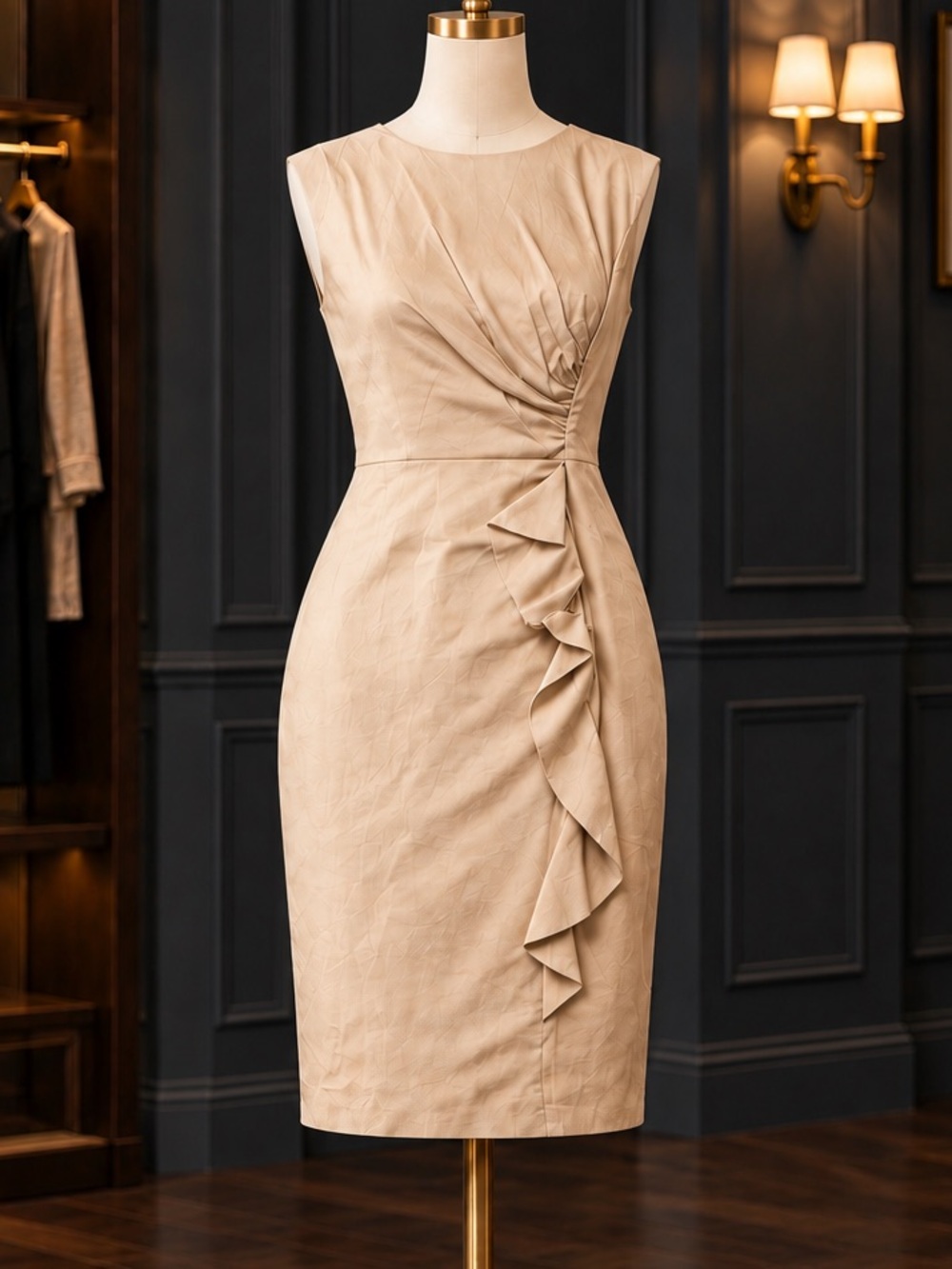 Tailored by Rebecca Taylor Sleeveless Beige linen Sheath Dress with Ruffle NWT 4